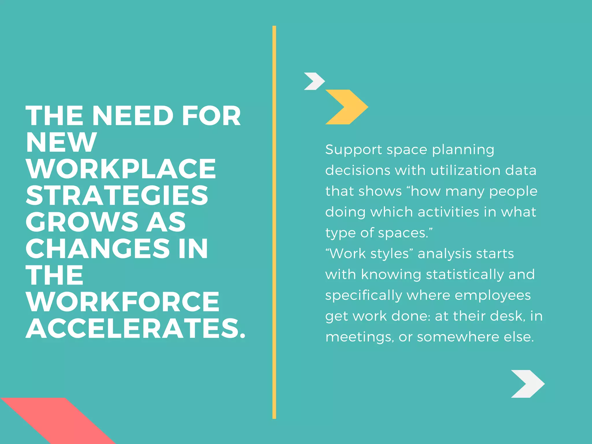 THE NEED FOR
NEW
WORKPLACE
STRATEGIES
GROWS AS
CHANGES IN
THE
WORKFORCE
ACCELERATES.
Support space planning
decisions with utilization data
that shows “how many people
doing which activities in what
type of spaces.”
“Work styles” analysis starts
with knowing statistically and
specifically where employees
get work done: at their desk, in
meetings, or somewhere else.
 
