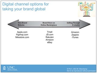 © Prof. J-B.E.M. Steenkamp
Not to be reproduced without permission
Digital channel options for
taking your brand global
Apple.com
Pgshop.com
Nikestore.com
Tmall
JD.com
Rakuten
Amazon
eBay
Amazon
Zappos
iTunes
 