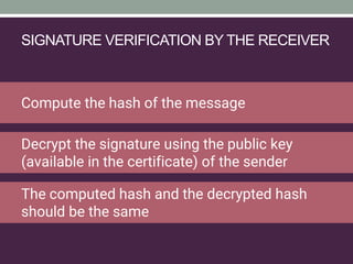 SIGNATURE VERIFICATION BY THE RECEIVER
Compute the hash of the message
The computed hash and the decrypted hash
should be the same
Decrypt the signature using the public key
(available in the certificate) of the sender
 