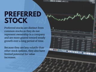 PREFERRED
STOCK
Preferred stocks are distinct from
common stocks as they do not
represent ownership in a company
and are m...