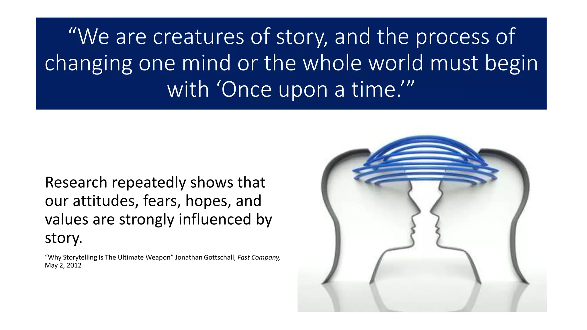 “We are creatures of story, and the process of
changing one mind or the whole world must begin
with ‘Once upon a time.’”
Research repeatedly shows that
our attitudes, fears, hopes, and
values are strongly influenced by
story.
“Why Storytelling Is The Ultimate Weapon” Jonathan Gottschall, Fast Company,
May 2, 2012
 