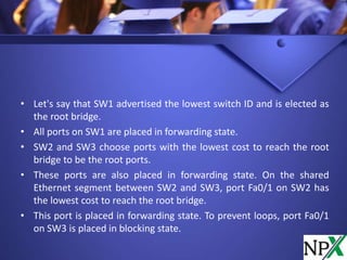 • Let's say that SW1 advertised the lowest switch ID and is elected as
the root bridge.
• All ports on SW1 are placed in forwarding state.
• SW2 and SW3 choose ports with the lowest cost to reach the root
bridge to be the root ports.
• These ports are also placed in forwarding state. On the shared
Ethernet segment between SW2 and SW3, port Fa0/1 on SW2 has
the lowest cost to reach the root bridge.
• This port is placed in forwarding state. To prevent loops, port Fa0/1
on SW3 is placed in blocking state.
 