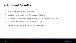 #EMPOWER2015
 Focus on what works for our business
 Less busy work, more time for full resource utilization
 Scalability – our Sync data keeps coming in, and has no real limitations
 Low administrative burden as we continue to grow
 It works, now our attention can be spent elsewhere.
Additional Benefits
 