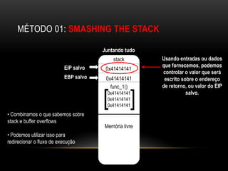 MÉTODO 01: SMASHING THE STACK

                                      Juntando tudo
                                          stack       Usando entradas ou dados
                          EIP salvo                   que fornecemos, podemos
                                       0x41414141
                                                      controlar o valor que será
                          EBP salvo    0x41414141      escrito sobre o endereço
                                         func_1()     de retorno, ou valor do EIP


                                      [ 0x41414141
                                        0x41414141
                                                  [              salvo.

                                        0x41414141
• Combinamos o que sabemos sobre
stack e buffer overflows
                                      Memória livre
• Podemos utilizar isso para
redirecionar o fluxo de execução
 