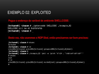 EXEMPLO 02: EXPLOITED
Pegue o endereço da variável de ambiente SHELLCODE:




Desta vez, não usaremos o NOP Sled, então precisamos ser bem precisos:
 