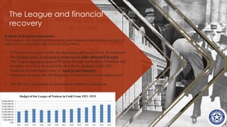 The League and financial
recovery
In terms of financial Assistance:​
The League, via agency of Economic and Finance Organization, sought to
help nations economically recover since WW1
• A Treasure was supervised by the Secretariat and organized by the treasurers
like Herbert Ames. It included economists like John Maynard Keynes
• The League organized loans to be given through conferences of bankers and
investors, as well as financial reforms with the guidance of the EFO
• Financed the bankrupted states of Austria and Hungary
• Supported economically the Kingdom of Greece due to local refugee crisis
• Was the first organisation of international monetary cooperation
 