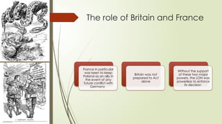 The role of Britain and France
France in particular
was keen to keep
Poland as an ally in
the event of any
future conflict with
Germany
Britain was not
prepared to Act
alone
Without the support
of these two major
powers, the LON was
powerless to enforce
its decision
 