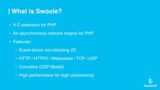 What is Swoole?
• A C extension for PHP
• An asynchronous network engine for PHP
• Features:
• Event-driven non-blocking I/O
• HTTP / HTTP2 / Websocket / TCP / UDP
• Coroutine (CSP Model)
• High performance for high concurrency
 