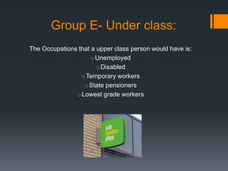 Group E- Under class:
The Occupations that a upper class person would have is:
oUnemployed
oDisabled
oTemporary workers
oState pensioners
oLowest grade workers