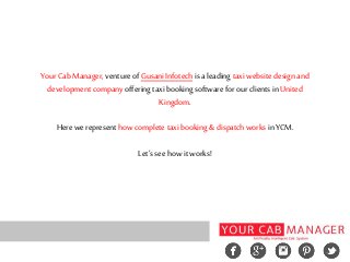 Your Cab Manager, venture of Gusani Infotech is a leading taxi website design and
development company offering taxi booking software for our clients in United
Kingdom.
Here we represent how complete taxi booking & dispatch works in YCM.
Let’s see how it works!
 