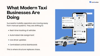 Successful mobility operators are moving away
from manual systems. They are shifting to:
Real-time tracking of vehicles
Automated ride assignment
Live driver updates
Centralized control dashboards
This is where structure replaces chaos.
What Modern Taxi
Businesses Are
Doing
 