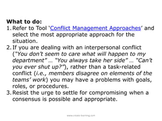 What to do:
1.Refer to Tool ‘Conflict Management Approaches’ and
select the most appropriate approach for the
situation.
2.If you are dealing with an interpersonal conflict
(“You don’t seem to care what will happen to my
department” … “You always take her side” … “Can’t
you ever shut up?”), rather than a task-related
conflict (i.e., members disagree on elements of the
teams’ work) you may have a problems with goals,
roles, or procedures.
3.Resist the urge to settle for compromising when a
consensus is possible and appropriate.
www.create-learning.com
 