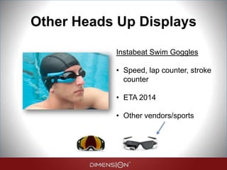 Other Heads Up Displays
Instabeat Swim Goggles
• Speed, lap counter, stroke
counter
• ETA 2014
• Other vendors/sports
 
