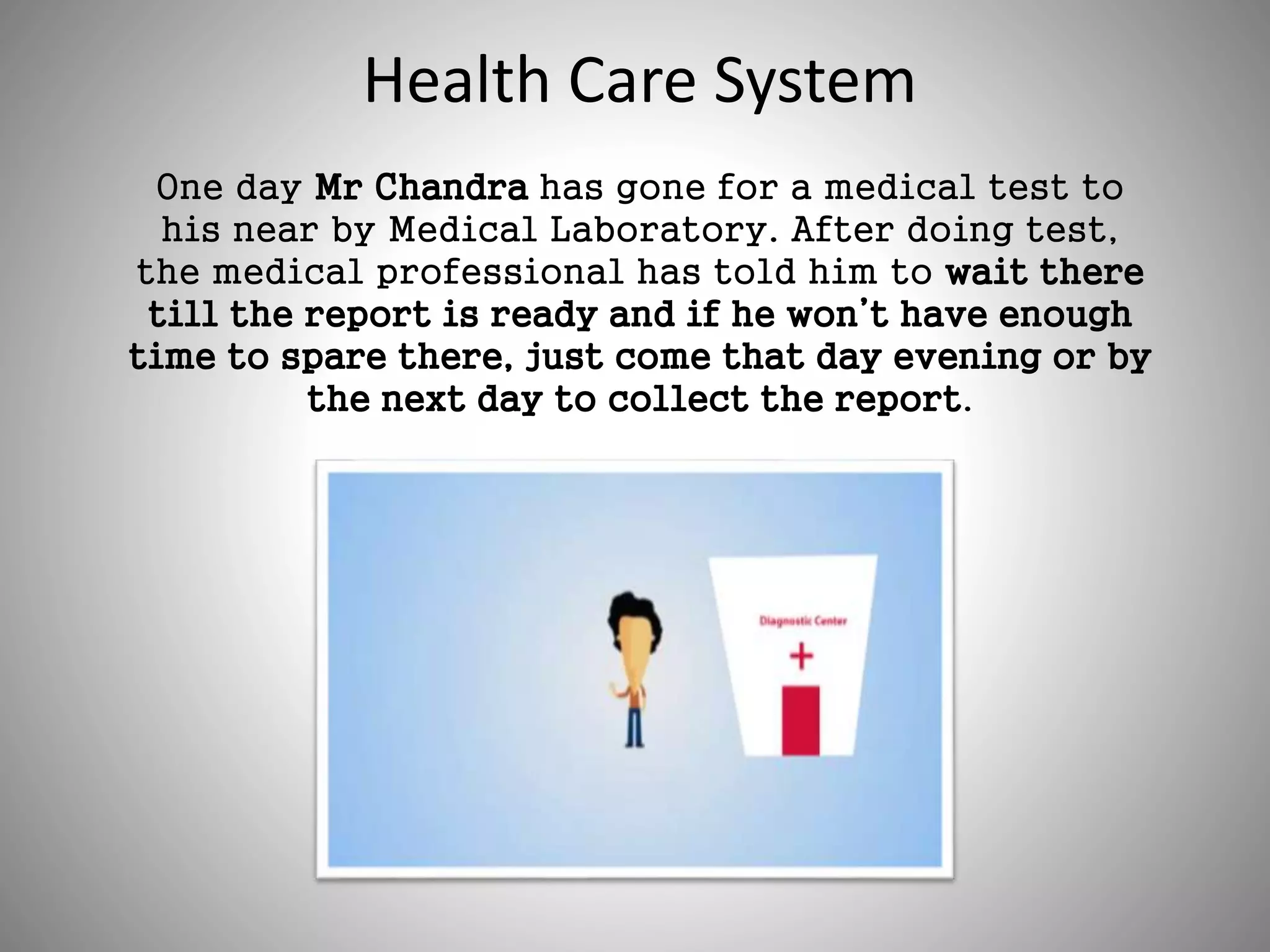 Health Care System
One day Mr Chandra has gone for a medical test to
his near by Medical Laboratory. After doing test,
the medical professional has told him to wait there
till the report is ready and if he won’t have enough
time to spare there, just come that day evening or by
the next day to collect the report.
 