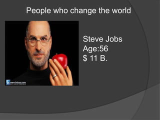 People who change the world
Steve Jobs
Age:56
$ 11 B.
 