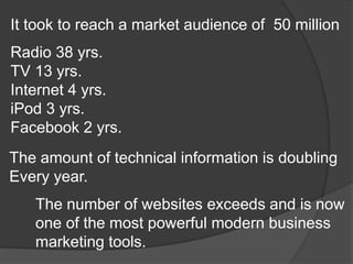It took to reach a market audience of 50 million
Radio 38 yrs.
TV 13 yrs.
Internet 4 yrs.
iPod 3 yrs.
Facebook 2 yrs.
The amount of technical information is doubling
Every year.
The number of websites exceeds and is now
one of the most powerful modern business
marketing tools.
 