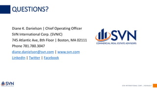 SVN INTERNATIONAL CORP. | #SVN2017
QUESTIONS?
Diane K. Danielson | Chief Operating Officer
SVN International Corp. (SVNIC)
745 Atlantic Ave, 8th Floor | Boston, MA 02111
Phone 781.780.3047
diane.danielson@svn.com | www.svn.com
LinkedIn | Twitter | Facebook
 