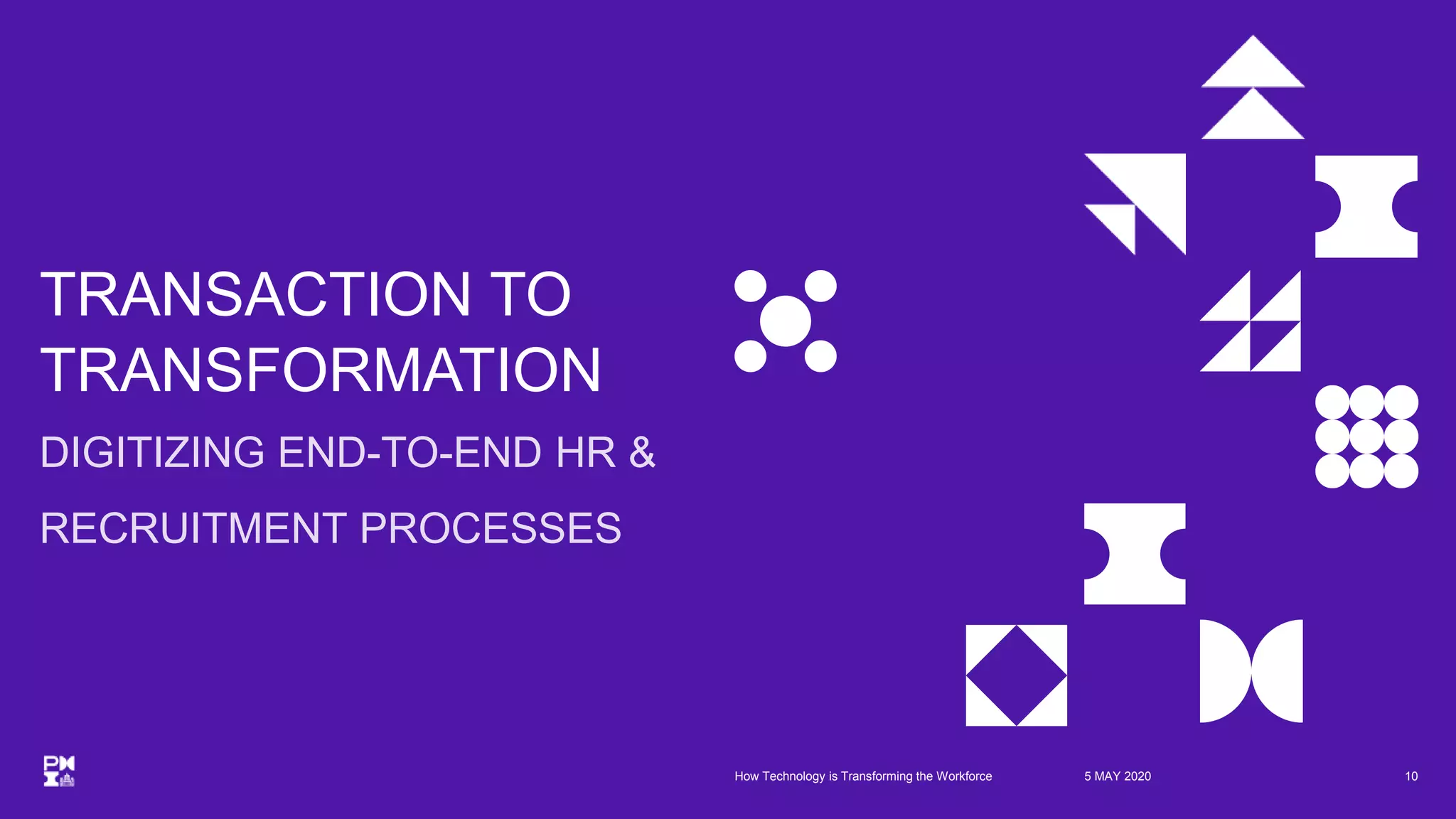 TRANSACTION TO
TRANSFORMATION
DIGITIZING END-TO-END HR &
RECRUITMENT PROCESSES
5 MAY 2020 10How Technology is Transforming the Workforce
 