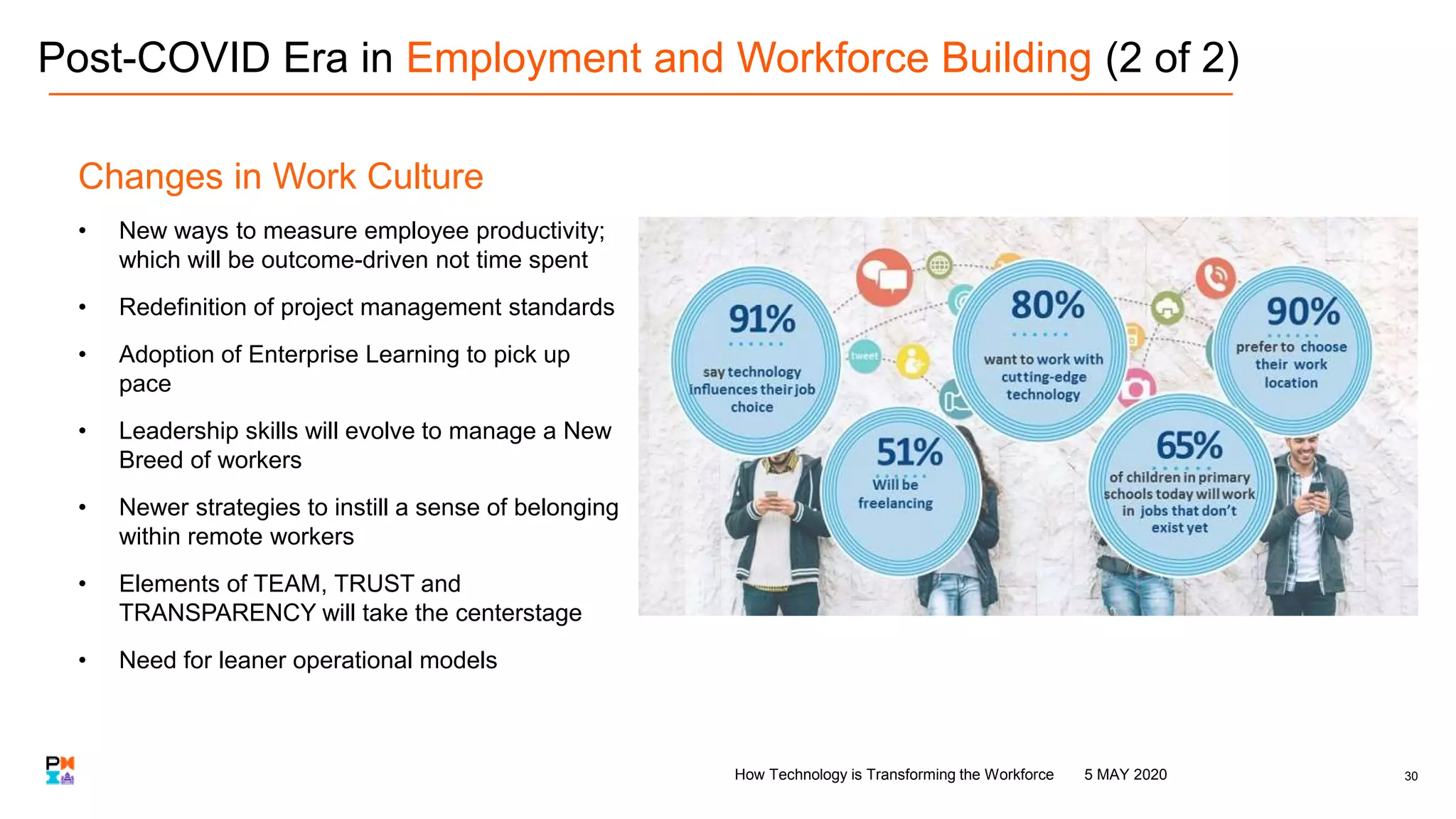 Post-COVID Era in Employment and Workforce Building (2 of 2)
30
Changes in Work Culture
• New ways to measure employee productivity;
which will be outcome-driven not time spent
• Redefinition of project management standards
• Adoption of Enterprise Learning to pick up
pace
• Leadership skills will evolve to manage a New
Breed of workers
• Newer strategies to instill a sense of belonging
within remote workers
• Elements of TEAM, TRUST and
TRANSPARENCY will take the centerstage
• Need for leaner operational models
5 MAY 2020How Technology is Transforming the Workforce
 