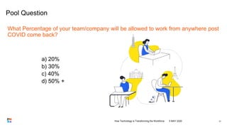 31
Pool Question
What Percentage of your team/company will be allowed to work from anywhere post
COVID come back?
a) 20%
b...