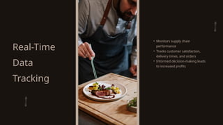 Real-Time
Data
Tracking
• Monitors supply chain
performance
• Tracks customer satisfaction,
delivery times, and orders
• Informed decision-making leads
to increased profits
 