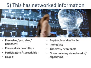 5)	
  This	
  has	
  networked	
  informaQon	
  
•  Pervasive	
  /	
  portable	
  /	
  
persistent	
  
•  Personal	
  via	
  new	
  ﬁlters	
  
•  ParQcipatory	
  /	
  spreadable	
  
•  Linked	
  
•  Replicable	
  and	
  editable	
  
•  Immediate	
  
•  Timeless	
  /	
  searchable	
  
•  Given	
  meaning	
  via	
  networks	
  /	
  
algorithms	
  
	
  
 