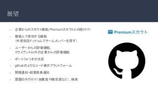 展望
- 企業からのスカウト機能（Premiumスカウトとの紐付け）
- 複数人で参加する機能
（外資就活ドットコムでチームメンバーを探す）
- ユーザーからの評価機能、
クライアント以外の企業からの評価機能
- ポートフォリオの生成
- githubのようなコード表示プラットフォーム
- 開催通知・結果発表通知
- 課題のタグ付け（抽象度や難易度など）、検索
 