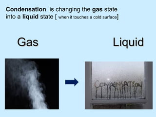 Condensation is changing the gas state
into a liquid state [ when it touches a cold surface]
LiquidLiquidGasGas
 