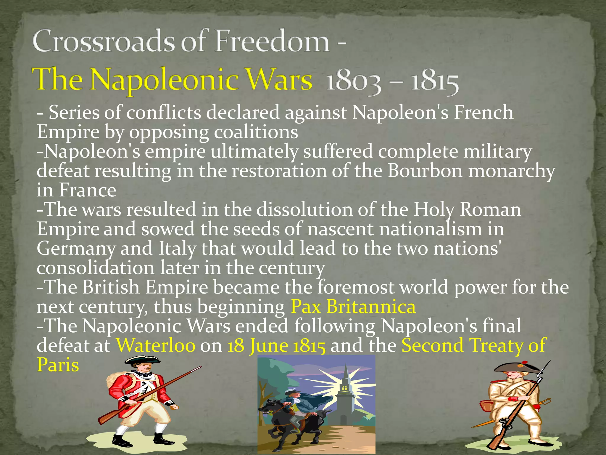 Haitian Revolution(1791–1804) was a period of conflict in the French colony of Saint-Domingue, which culminated in the elimination of slavery there and the founding of the Haitian republic; a defining moment in the history of Africans in the New WorldFrom 1832-1834, Prince Maximilian zuWied, a German aristocrat, and Swiss artist Karl Bodmertook a historic journey to the American West up to the Missouri RiverBodmer and Maximilian left an important legacy that is cherished by today’s Native Americans, preserving an era of American cultural history that would soon vanish with the onslaught of technological civilizationThe Lewis and Clark Expedition (1804–1806) was the first United States expedition to the Pacific Coast. Commissioned by President Thomas Jefferson.To study the area's plants, animal life, and geography, and to discover how the region could be exploited economicallyTo find a "direct & practicable water communication across this continent, for the purposes of commerce with Asia" (the Northwest Passage)Frontiers of the Americas