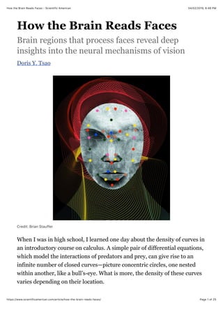 04/02/2019, 6*48 PMHow the Brain Reads Faces - Scientific American
Page 1 of 25https://www.scientificamerican.com/article/how-the-brain-reads-faces/
How the Brain Reads Faces
Brain regions that process faces reveal deep
insights into the neural mechanisms of vision
Doris Y. Tsao
Credit: Brian Stauffer
When I was in high school, I learned one day about the density of curves in
an introductory course on calculus. A simple pair of differential equations,
which model the interactions of predators and prey, can give rise to an
infinite number of closed curves—picture concentric circles, one nested
within another, like a bull’s-eye. What is more, the density of these curves
varies depending on their location.
 