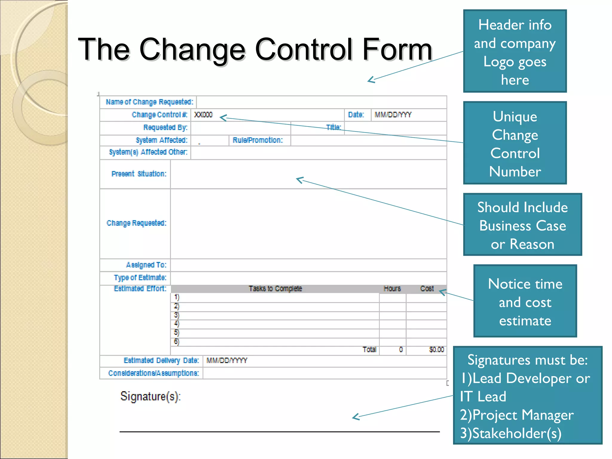 TThhee CChhaannggee CCoonnttrrooll FFoorrmm 
Header info 
and company 
Logo goes 
here 
Unique 
Change 
Control 
Number 
Should Include 
Business Case 
or Reason 
Notice time 
and cost 
estimate 
Signatures must be: 
1)Lead Developer or 
IT Lead 
2)Project Manager 
3)Stakeholder(s) 
 
