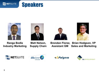 Speakers




   Ranga Bodla       Matt Nelson,   Brendan Florez, Brian Hodgson, VP
Industry Marketing   Supply Chain    Assistant GM Sales and Marketing




3
 