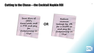 Cutting to the Chase—the Cocktail Napkin ROI
27
Save 8hrs of
CFO’s
time/week and
1 FTE and pay
for
Outsourcing in
<1yr
Reduce
revenue
leakage by .5%
for a $10M co
and pay for
Outsourcing in
<1yr
OR
 
