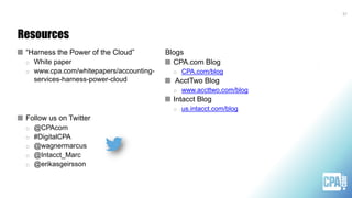 Resources
“Harness the Power of the Cloud”
o White paper
o www.cpa.com/whitepapers/accounting-
services-harness-power-cloud
Follow us on Twitter
o @CPAcom
o #DigitalCPA
o @wagnermarcus
o @Intacct_Marc
o @erikasgeirsson
Blogs
CPA.com Blog
o CPA.com/blog
AcctTwo Blog
o www.accttwo.com/blog
Intacct Blog
o us.intacct.com/blog
37
 