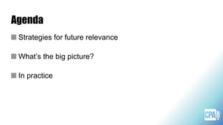 Agenda
Strategies for future relevance
What’s the big picture?
In practice
 