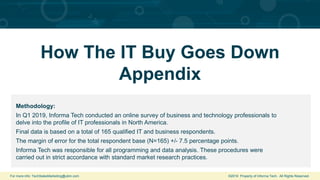 For more info: TechSalesMarketing@ubm.com ©2019 Property of Informa Tech. All Rights Reserved.
How The IT Buy Goes Down
Appendix
Methodology:
In Q1 2019, Informa Tech conducted an online survey of business and technology professionals to
delve into the profile of IT professionals in North America.
Final data is based on a total of 165 qualified IT and business respondents.
The margin of error for the total respondent base (N=165) +/- 7.5 percentage points.
Informa Tech was responsible for all programming and data analysis. These procedures were
carried out in strict accordance with standard market research practices.
 