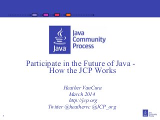 1
Participate in the Future of Java -
How the JCP Works
Heather VanCura
March 2014
http://jcp.org
Twitter @heathervc @JCP_org
 