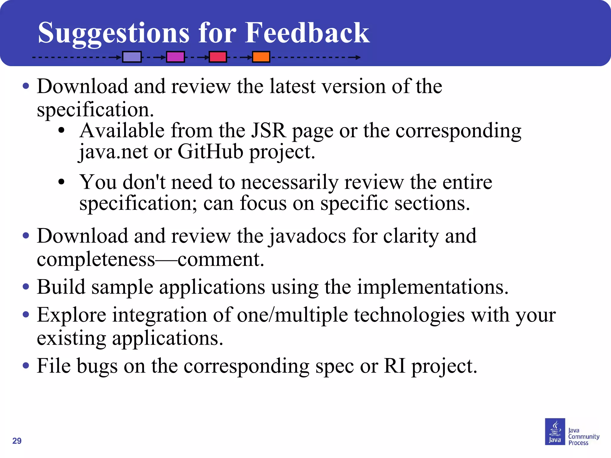 Suggestions for Feedback 
• Download and review the latest version of the 
specification. 
29 
● Available from the JSR page or the corresponding 
java.net or GitHub project. 
● You don't need to necessarily review the entire 
specification; can focus on specific sections. 
• Download and review the javadocs for clarity and 
completeness—comment. 
• Build sample applications using the implementations. 
• Explore integration of one/multiple technologies with your 
existing applications. 
• File bugs on the corresponding spec or RI project. 
 