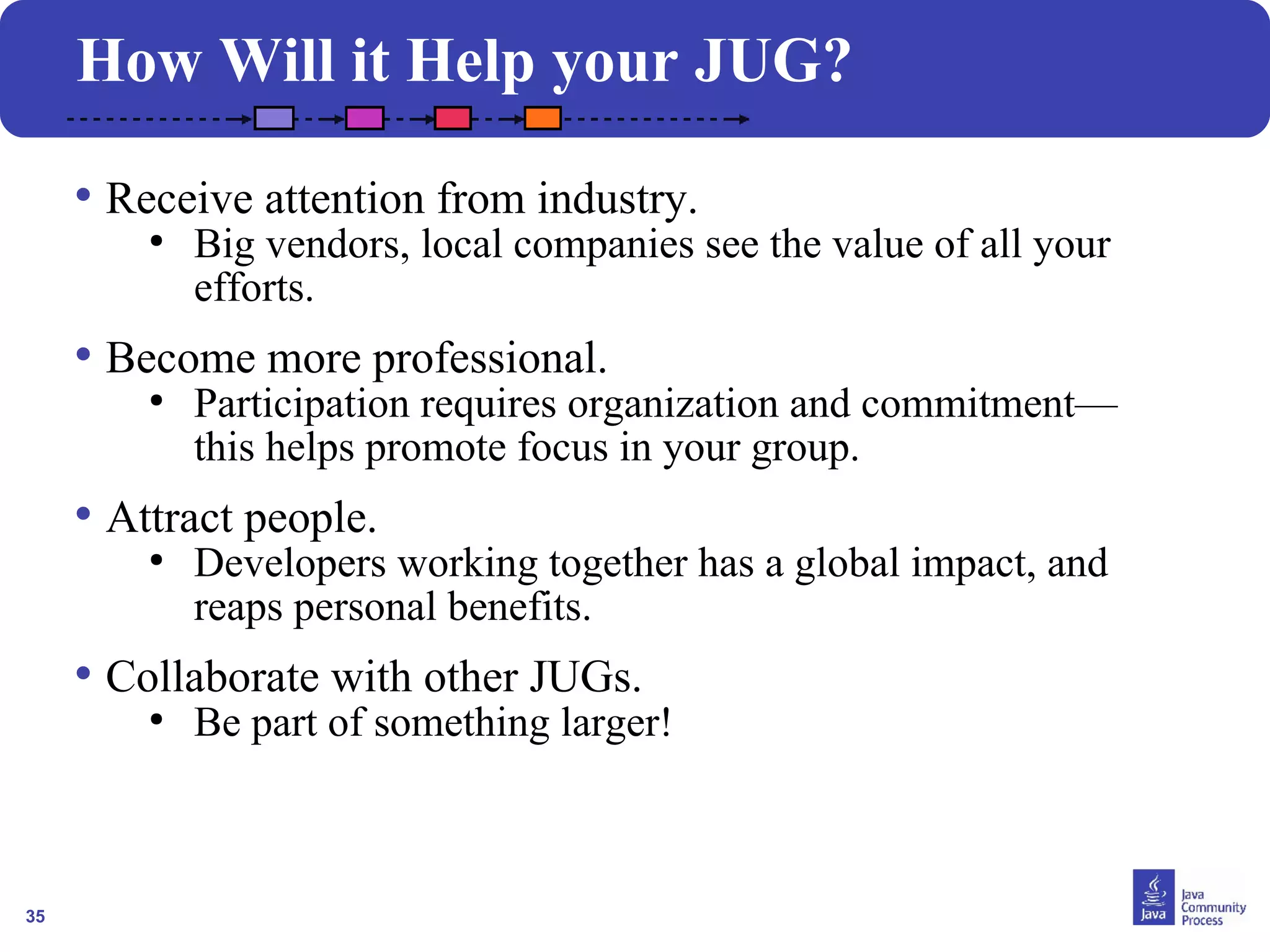 35 
How Will it Help your JUG? 
• Receive attention from industry. 
● Big vendors, local companies see the value of all your 
efforts. 
• Become more professional. 
● Participation requires organization and commitment— 
this helps promote focus in your group. 
• Attract people. 
● Developers working together has a global impact, and 
reaps personal benefits. 
• Collaborate with other JUGs. 
● Be part of something larger! 
 