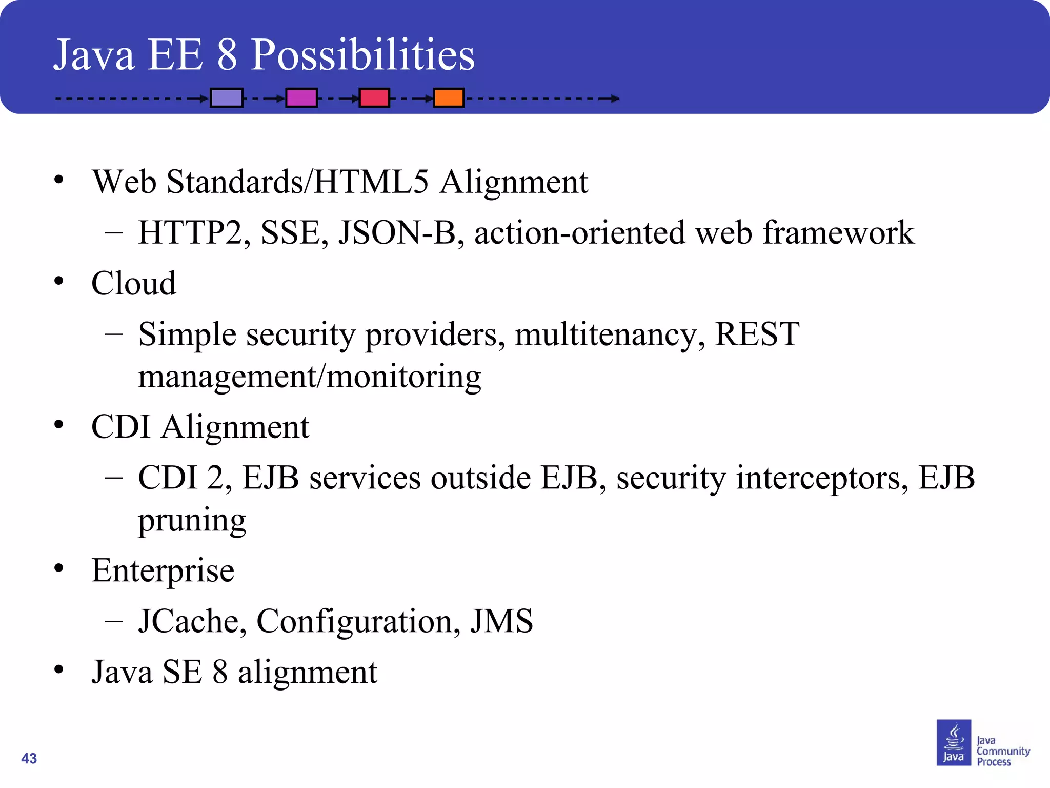 43 
Java EE 8 Possibilities 
• Web Standards/HTML5 Alignment 
– HTTP2, SSE, JSON-B, action-oriented web framework 
• Cloud 
– Simple security providers, multitenancy, REST 
management/monitoring 
• CDI Alignment 
– CDI 2, EJB services outside EJB, security interceptors, EJB 
pruning 
• Enterprise 
– JCache, Configuration, JMS 
• Java SE 8 alignment 
 