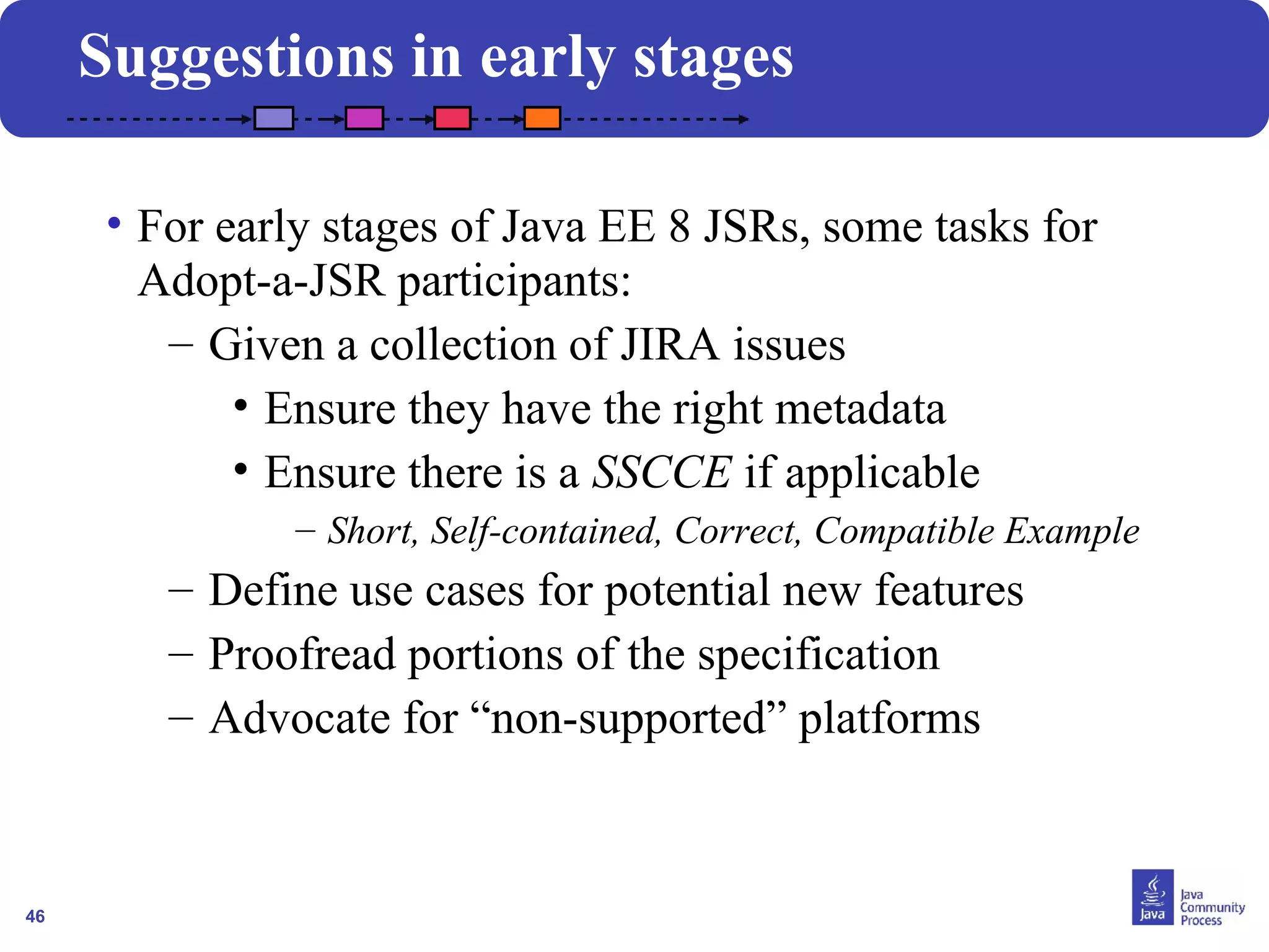 46 
Suggestions in early stages 
• For early stages of Java EE 8 JSRs, some tasks for 
Adopt-a-JSR participants: 
– Given a collection of JIRA issues 
• Ensure they have the right metadata 
• Ensure there is a SSCCE if applicable 
– Short, Self-contained, Correct, Compatible Example 
– Define use cases for potential new features 
– Proofread portions of the specification 
– Advocate for “non-supported” platforms 
 
