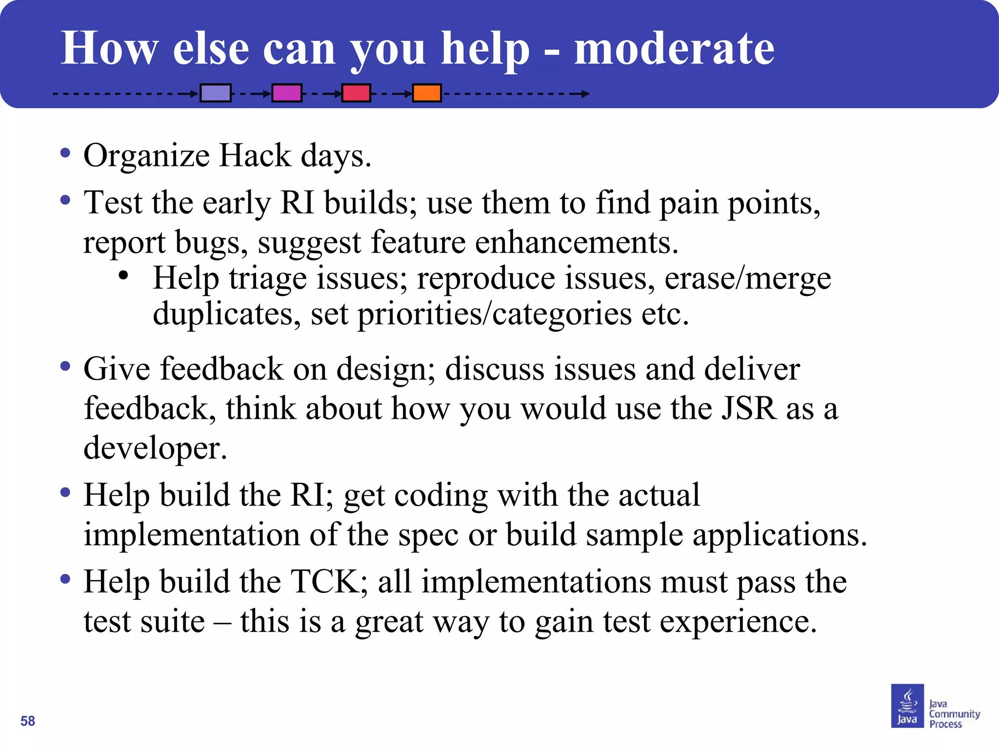 58 
How else can you help - moderate 
• Organize Hack days. 
• Test the early RI builds; use them to find pain points, 
report bugs, suggest feature enhancements. 
● Help triage issues; reproduce issues, erase/merge 
duplicates, set priorities/categories etc. 
• Give feedback on design; discuss issues and deliver 
feedback, think about how you would use the JSR as a 
developer. 
• Help build the RI; get coding with the actual 
implementation of the spec or build sample applications. 
• Help build the TCK; all implementations must pass the 
test suite – this is a great way to gain test experience. 
 
