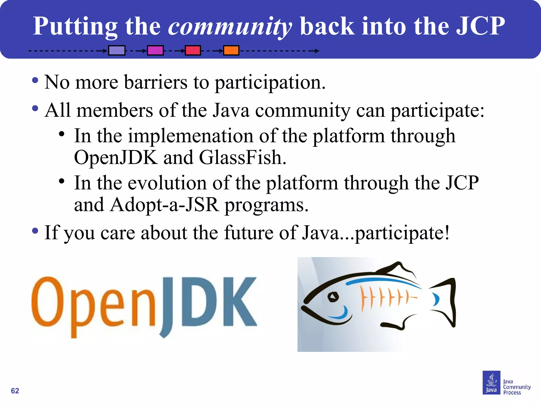 62 
Putting the community back into the JCP 
• No more barriers to participation. 
• All members of the Java community can participate: 
• In the implemenation of the platform through 
OpenJDK and GlassFish. 
• In the evolution of the platform through the JCP 
and Adopt-a-JSR programs. 
• If you care about the future of Java...participate! 
 