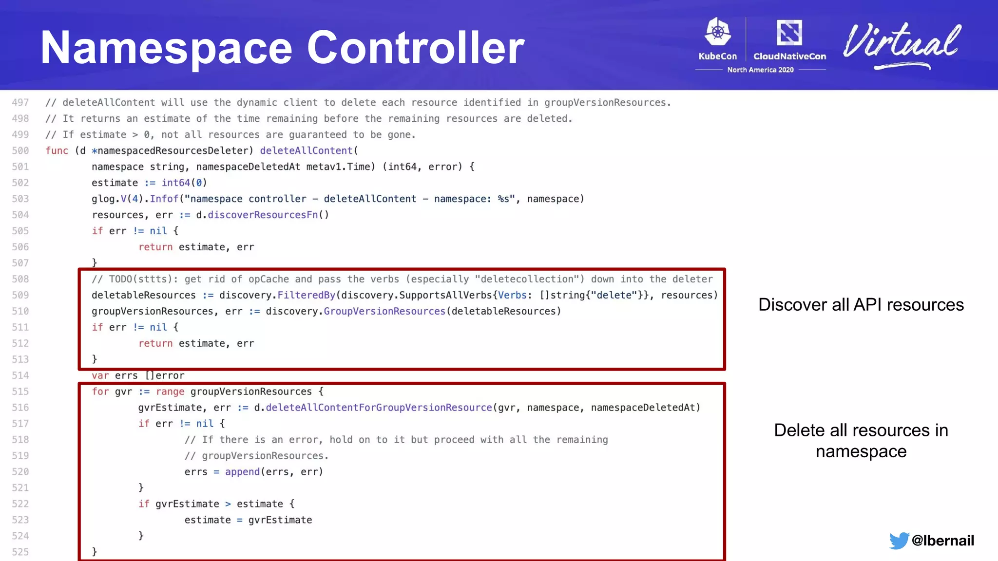 @lbernail
Namespace Controller
Discover all API resources
Delete all resources in
namespace
 