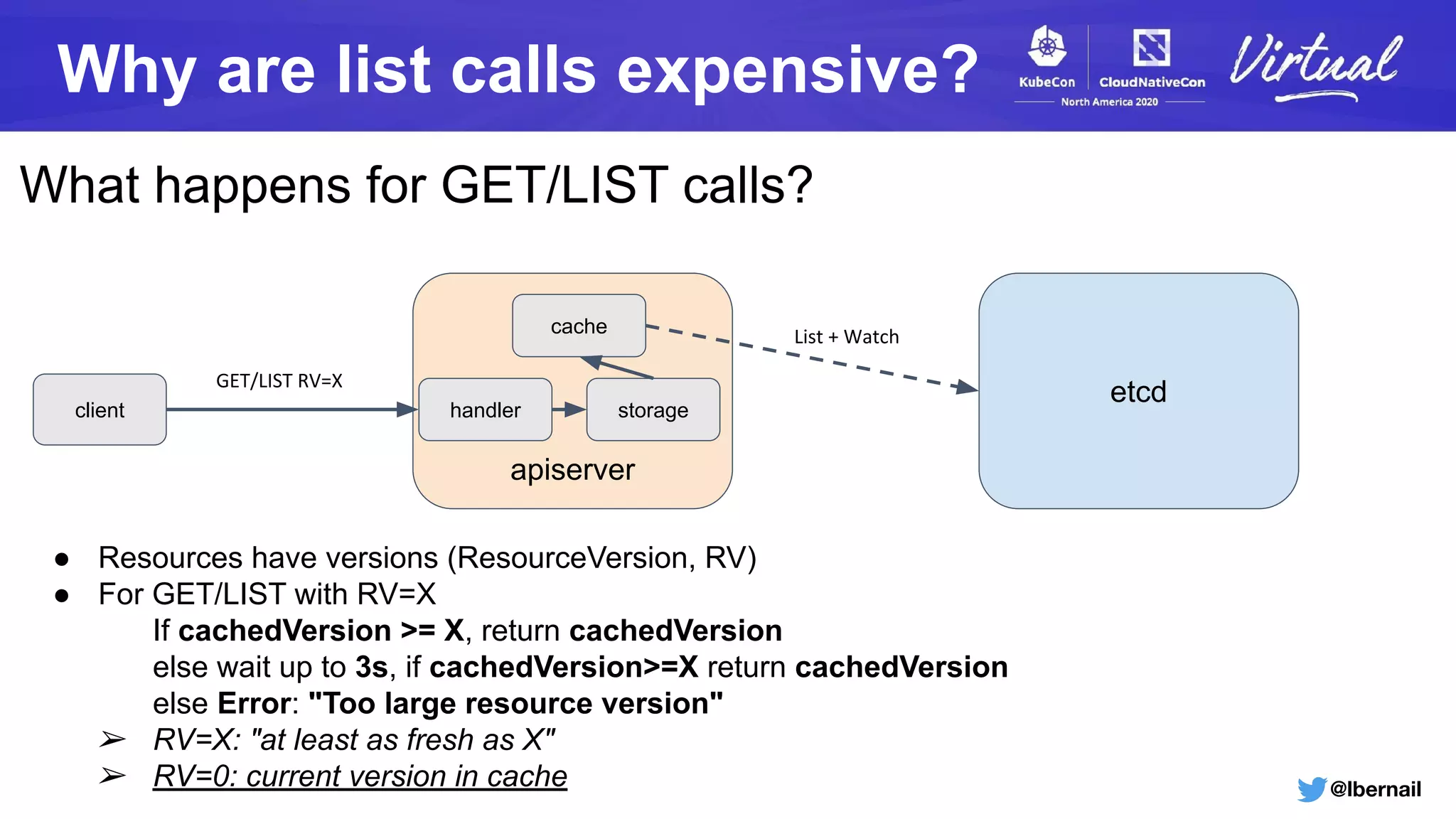 @lbernail
Why are list calls expensive?
What happens for GET/LIST calls?
apiserver
etcd
cache List + Watch
client storagehandler
GET/LIST RV=X
● Resources have versions (ResourceVersion, RV)
● For GET/LIST with RV=X
If cachedVersion >= X, return cachedVersion
else wait up to 3s, if cachedVersion>=X return cachedVersion
else Error: "Too large resource version"
➢ RV=X: "at least as fresh as X"
➢ RV=0: current version in cache
 
