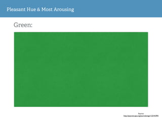 Pleasant Hue & Most Arousing 
Source: 
http://psycnet.apa.org/journals/xge/123/4/394/ 
Green: 
 