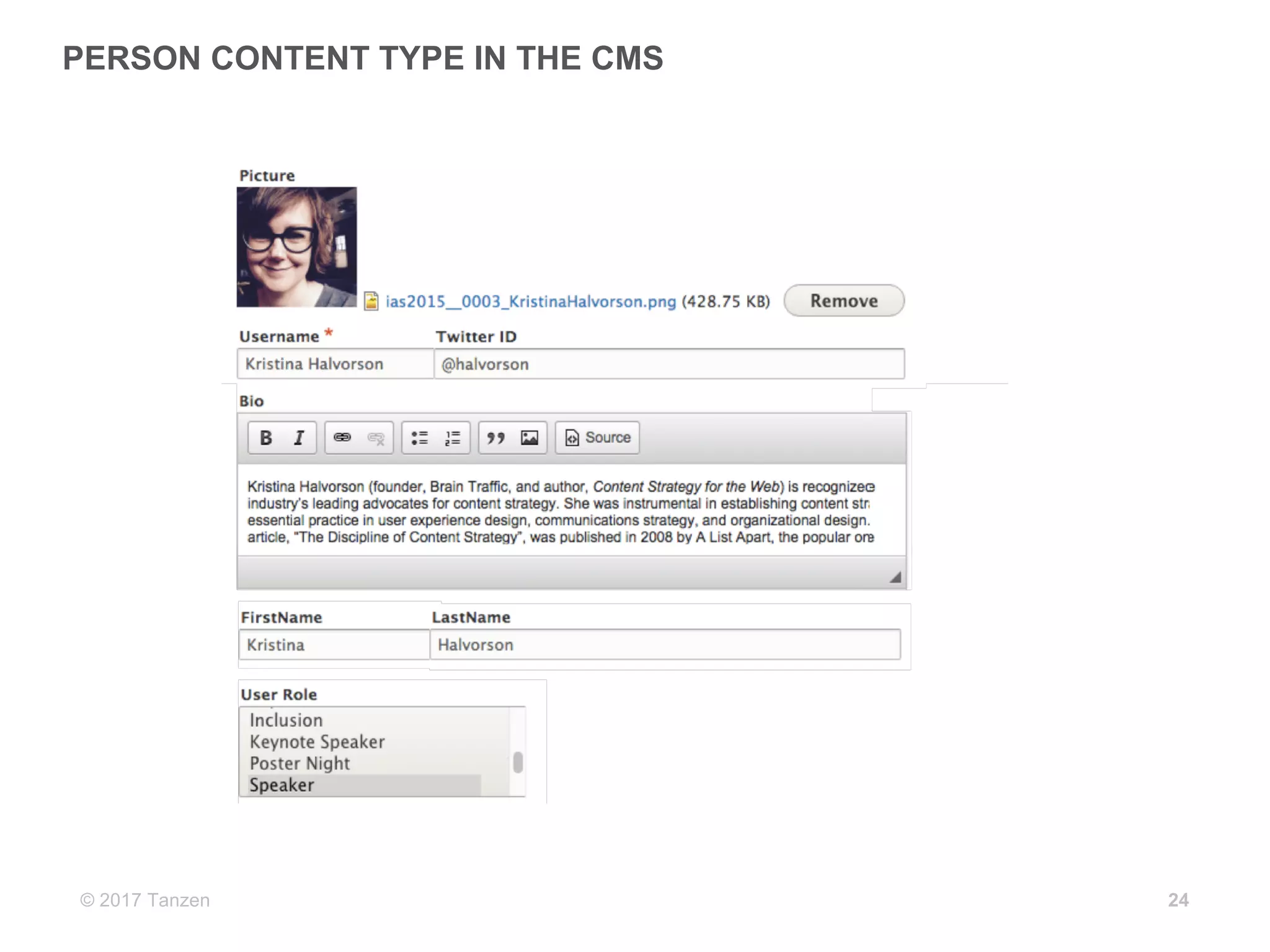 © 2017  Tanzen
PERSON  CONTENT  TYPE  IN  THE  CMS  
24
 