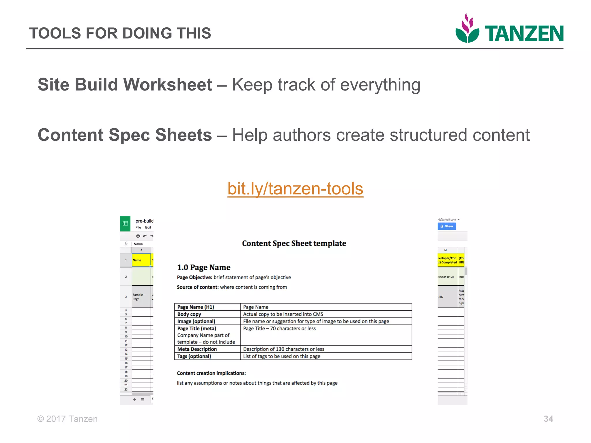 © 2017  Tanzen
TOOLS  FOR  DOING  THIS
Site  Build  Worksheet  – Keep  track  of  everything
Content  Spec  Sheets  – Help  authors  create  structured  content
bit.ly/tanzen-­tools
34
 