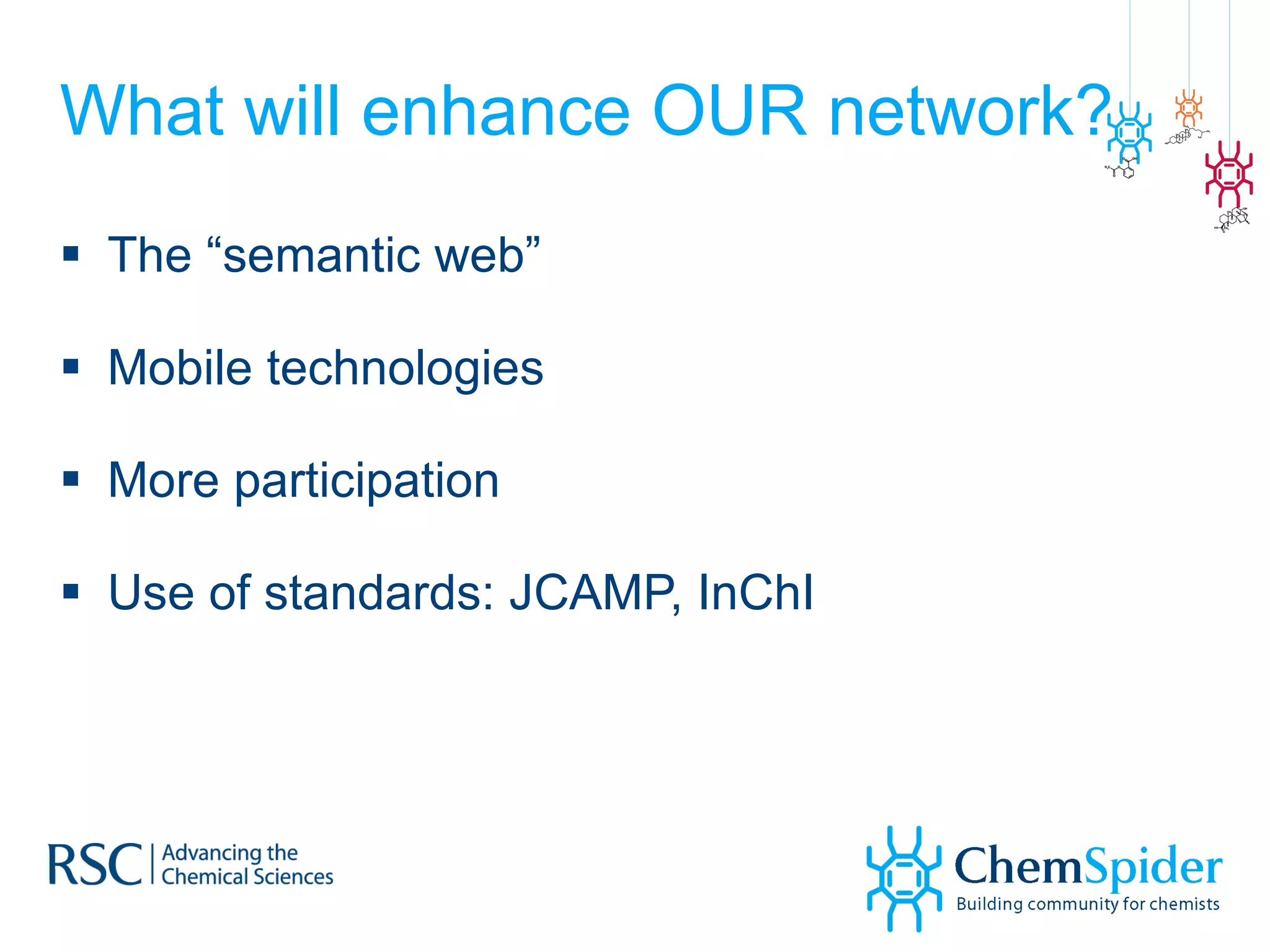 What will enhance OUR network? The “semantic web” Mobile technologies More participation Use of standards: JCAMP, InChI 