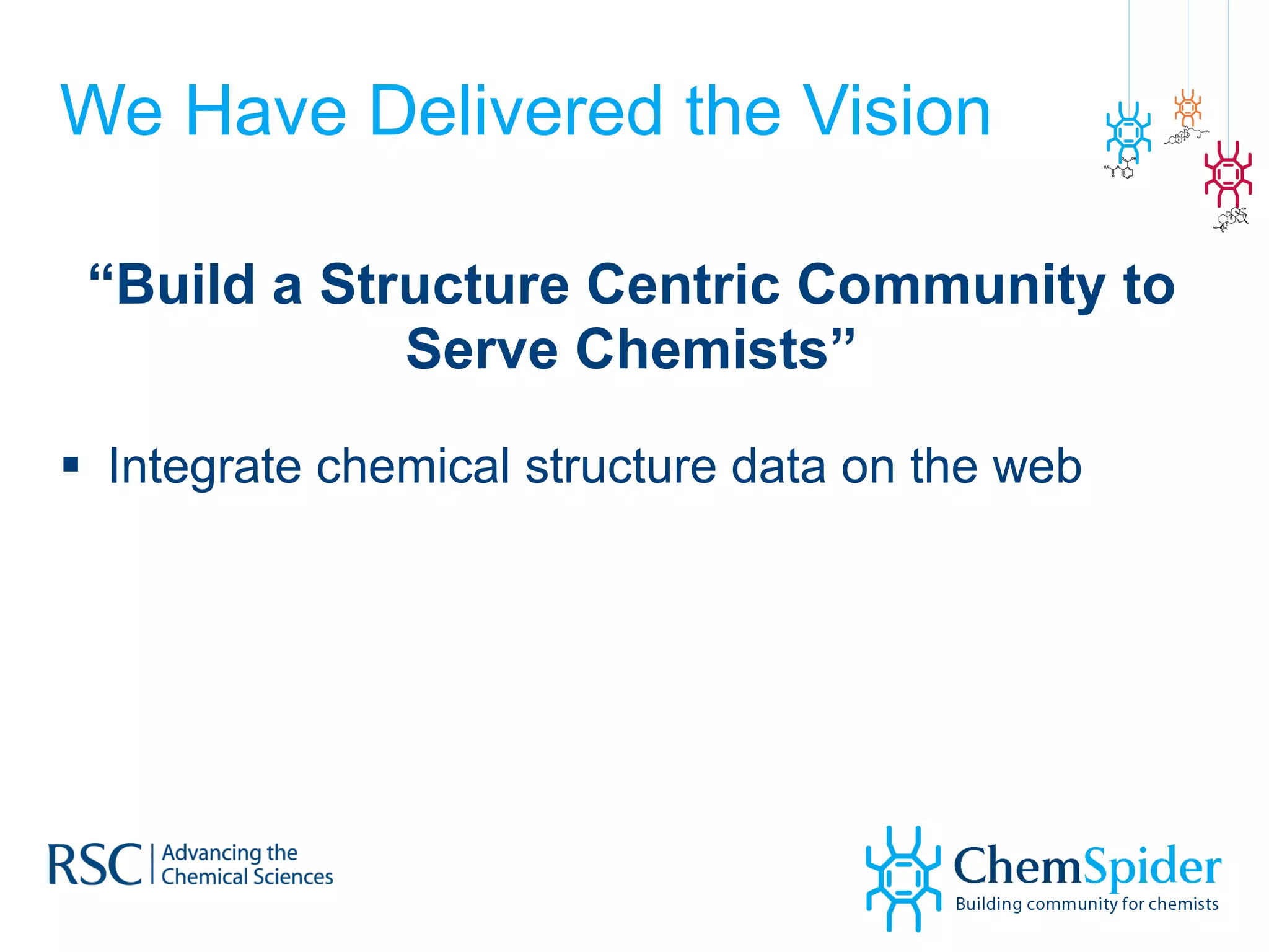 We Have Delivered the Vision “ Build a Structure Centric Community to Serve Chemists” Integrate chemical structure data on the web 